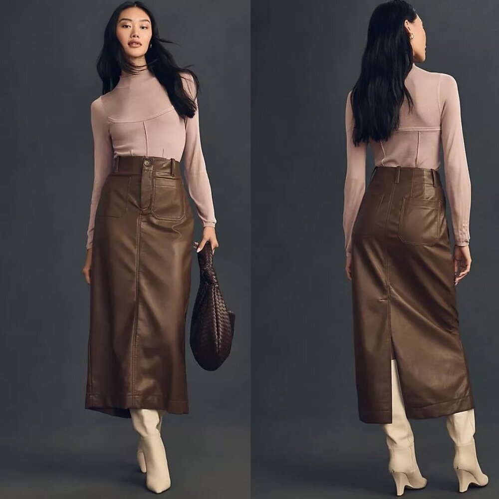 NEW Anthropologie The Colette Faux Leather Maxi Skirt by Maeve SIZE 3x brown